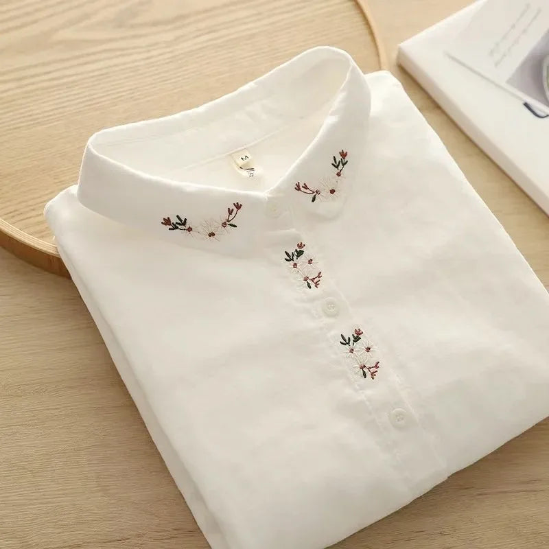 Elegant Embroidered Flower Doll Collar Double Layer Cotton Baby White Shirt Women Long Sleeve Base Shirt Trendy Commute Style...