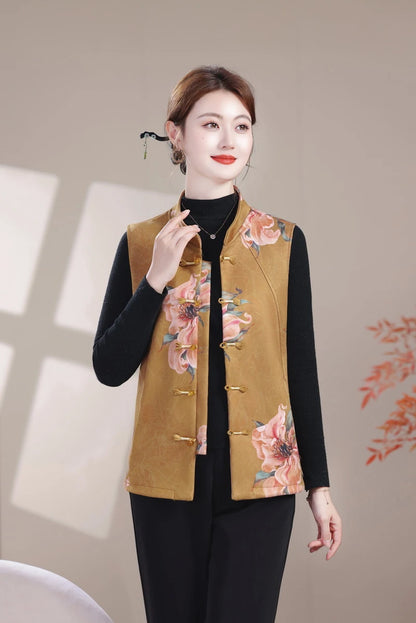 Plus Size Mother's Vest Spring Asian style print Top Elderly Women's Casual Sleeveless Jacket  Waistcoat