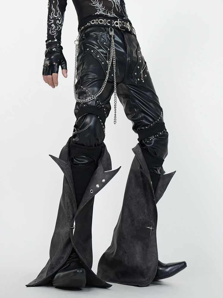 Mauroicardi Spring Skinny Black Pu Leather Motorcycle Pencil Pants for Men with Detachable Leg Covers Alternative Punk Clothes