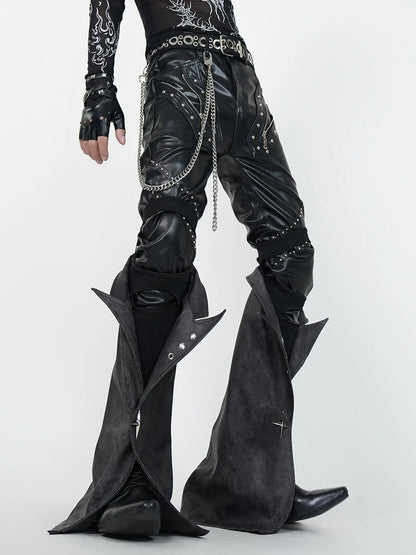 Mauroicardi Spring Skinny Black Pu Leather Motorcycle Pencil Pants for Men with Detachable Leg Covers Alternative Punk Clothes