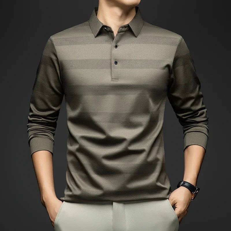 BROWON Elegant Mens Polo Shirts 2026 Spring Autumn Long Sleeve Lapel Collar Big Striped Pattern T-shirt Male New in Tops & Tees
