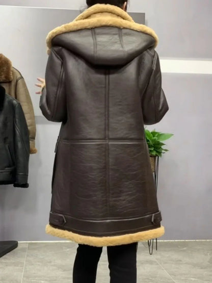 Men and Women's Winter Warm Coat Long Jacket Genuine Sheepskin Lambskin Shearling Wool Liner Hooded Brown XXXXXXXXL 5XL 6XL 7XL