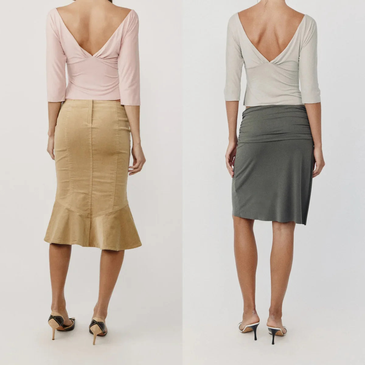 Wj V-Neck Three-Quarter Sleeve Top, Low-Waist Khaki Fishtail Skirt with Embroidery, Irregular Hem Skirt, Green Pleated Low-Waist Slit Skirt, Pleated Neckline Waist-Cinching Short Top