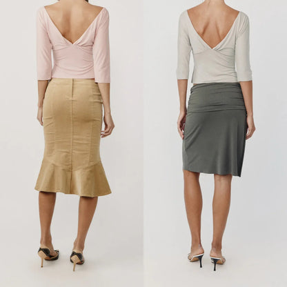 Wj V-Neck Three-Quarter Sleeve Top, Low-Waist Khaki Fishtail Skirt with Embroidery, Irregular Hem Skirt, Green Pleated Low-Waist Slit Skirt, Pleated Neckline Waist-Cinching Short Top