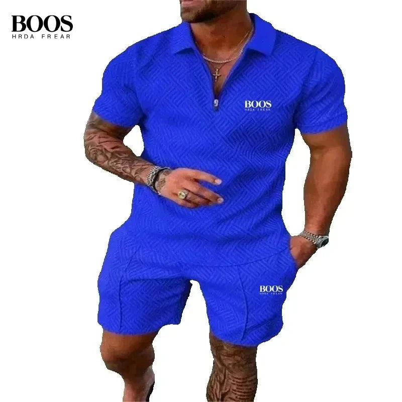 Summer Men's High-Quality Half Zipper Polo Shirt+Casual Shorts Set, Outdoor Sports and Leisure Beach Two-Piece Set