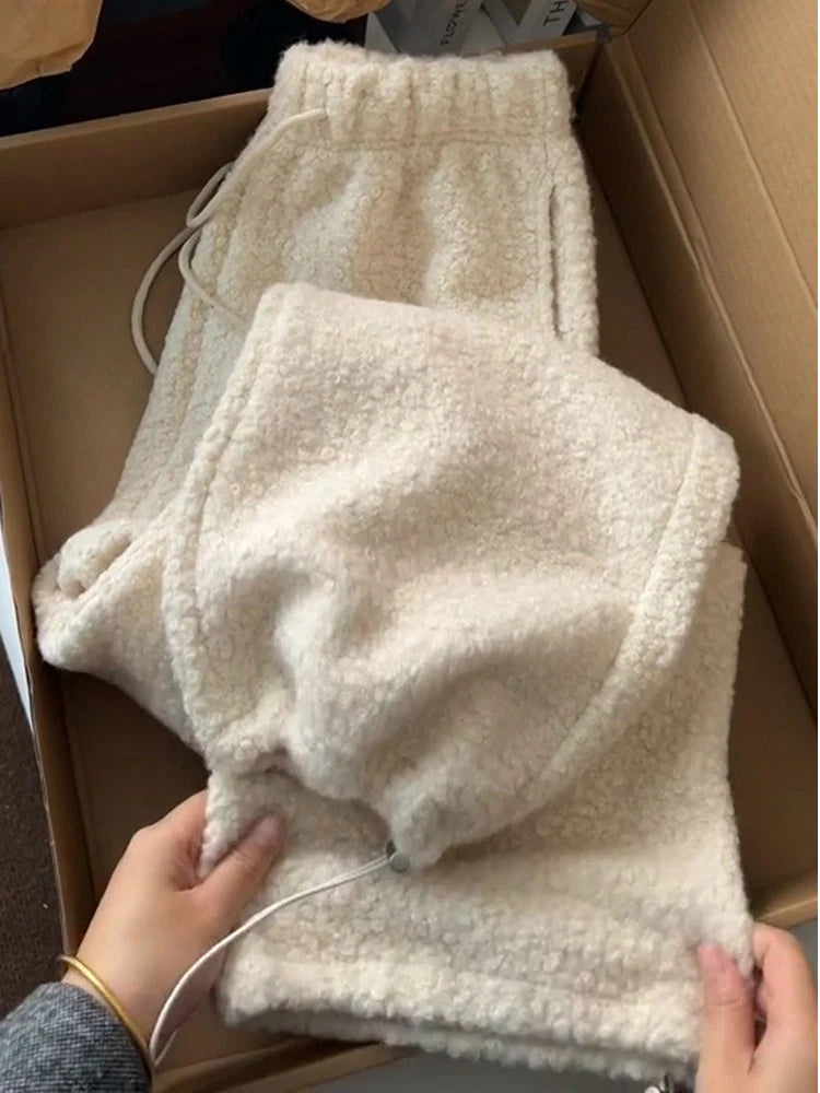 High Waist Thickened Woolen Fleece Wide Leg Pants Women's Winter Warm Drawstring Moccasin Straight Casual Trousers Trendy