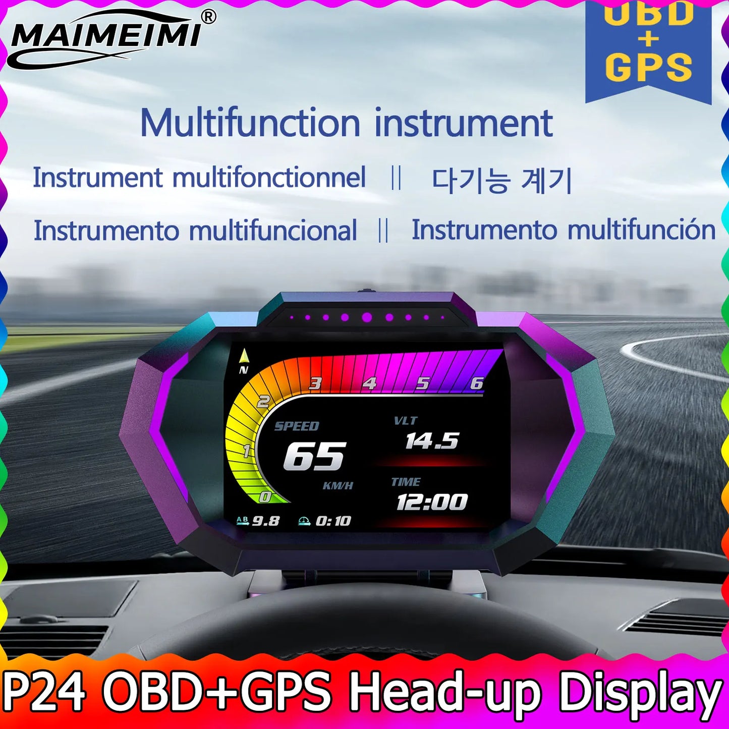 Digital Speedometer Slope Meter HUD P24 OBD2+GPS Head Up Display On Board Computer Multi-Function  Fuel Level Oil Press Consump