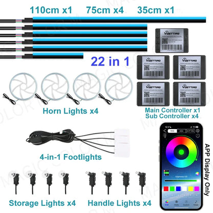 22 In 1 Car Ambient Lights RGB 64 Color Universal LED Interior Hidden Acrylic Strip Symphony Atmosphere Lamp APP Full Colors