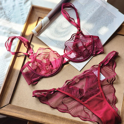 2 Pieces Summer Ultra Thin Breathable Women Underwear Sexy Lace Bra French Mesh Temptation Intimates Lingerie and Briefs Sets