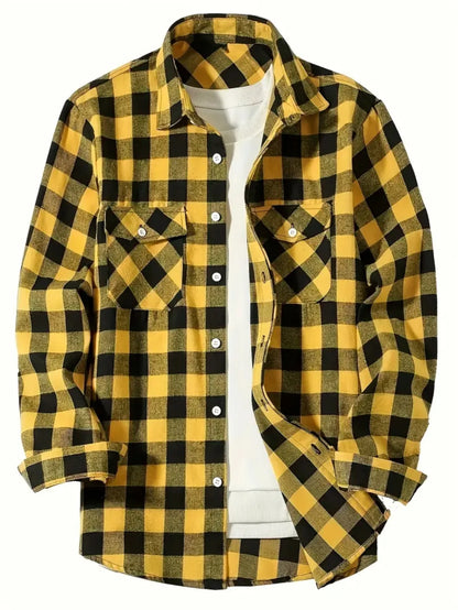 LVLAEA Plaid Pattern Men Fall Winter Buttonup Streetwear Long Sleeve Lapel Collar Pocket Decoration Trendy Y2K Tated Shirt for M
