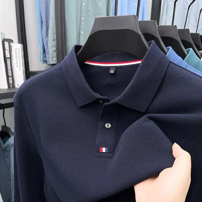 Collar T-shirt for men, long sleeved, autumn, middle-aged, business, pure cotton, casual polo shirt, top for men