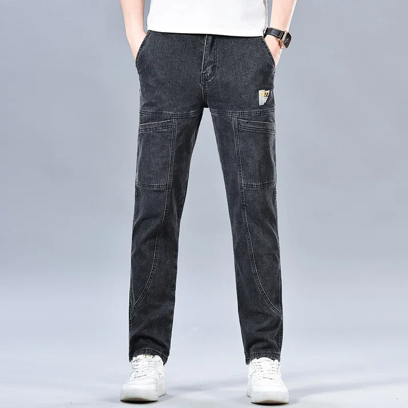 Design Jeans Men's Autumn New Multi-Pocket Fashion Stretch Straight Cotton Casual Denim Trousers Brand Clothing Male Blue Black