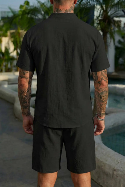 Summer linen shirt set for men, casual outdoor two-piece set, home wear pajamas, comfortable and breathable, beach short-sleeved