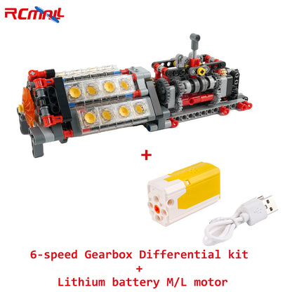 MOC 6-speed Gearbox Differential Gears Technology Building Blocks Parts Transmission V16 Engine Assembly Bricks M/L Motor