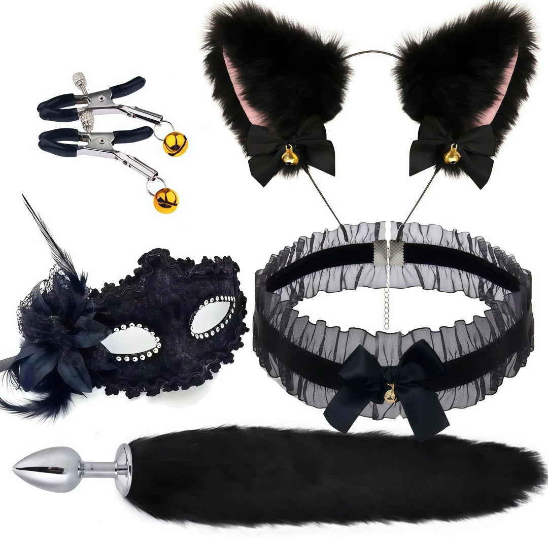 5 In 1 Fox Tail Butt Plug Set Cat Ears Headband Choker Ball Gag Nipple Clamps BDSM Cosplay Pet Play Accessories for Couples