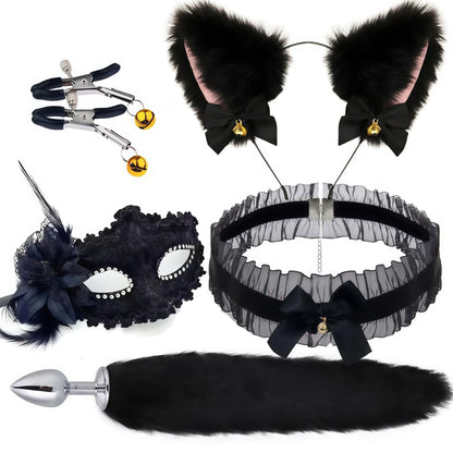 5 In 1 Fox Tail Butt Plug Set Cat Ears Headband Choker Ball Gag Nipple Clamps BDSM Cosplay Pet Play Accessories for Couples