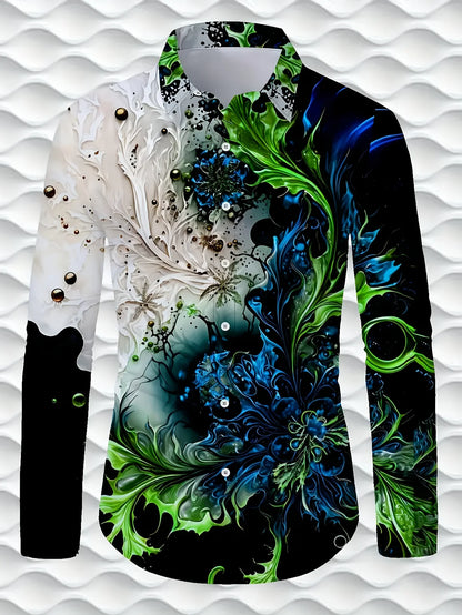 LVLAEA Men's Printed Pattern Shirt, Long Sleeve Lapel Button Up Cotton Shirt for Autumn, Luxury Style Trendy Fashion Tated Shirt