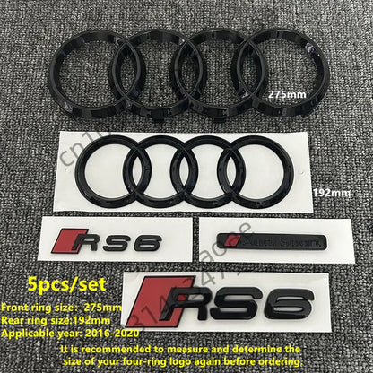 6/5Pcs 4Ring ABS Car Hood Front Grill Rear Trunk Emblem Stickers For Audi A3 A4 A5 A6 A7 Q2 Q3 Q5 Q8 S3 S4 S5 S6 RS3 RS4 RS5 RS6