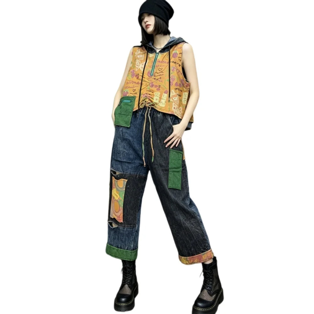 Distressed Color-blocked Denim Patchwork Hooded Vest + Jeans Two-piece Set Women 2026 Summer Stylish Fashion Suit XY324
