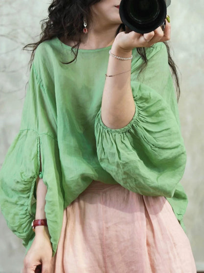 Elegant round Neck Lantern Sleeve Shirt Women's Casual Slimming Cotton Linen Fashionable Top High-End Brand New Style