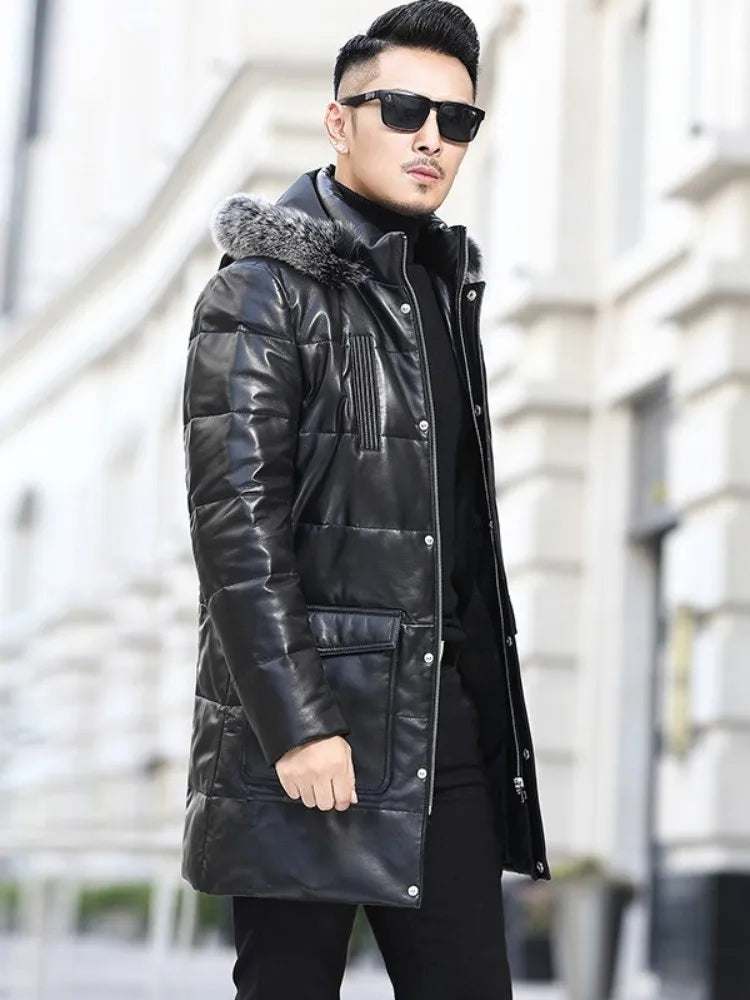 Winter Real Sheepskin Overcoat Men Zipper Thick Warm Hooded Genuine Leather Down Coat  Plus Size 5XL Streetwear Casual Coat Men