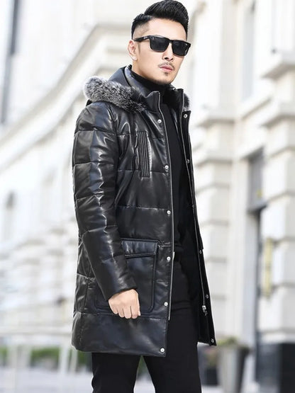 Winter Real Sheepskin Overcoat Men Zipper Thick Warm Hooded Genuine Leather Down Coat  Plus Size 5XL Streetwear Casual Coat Men