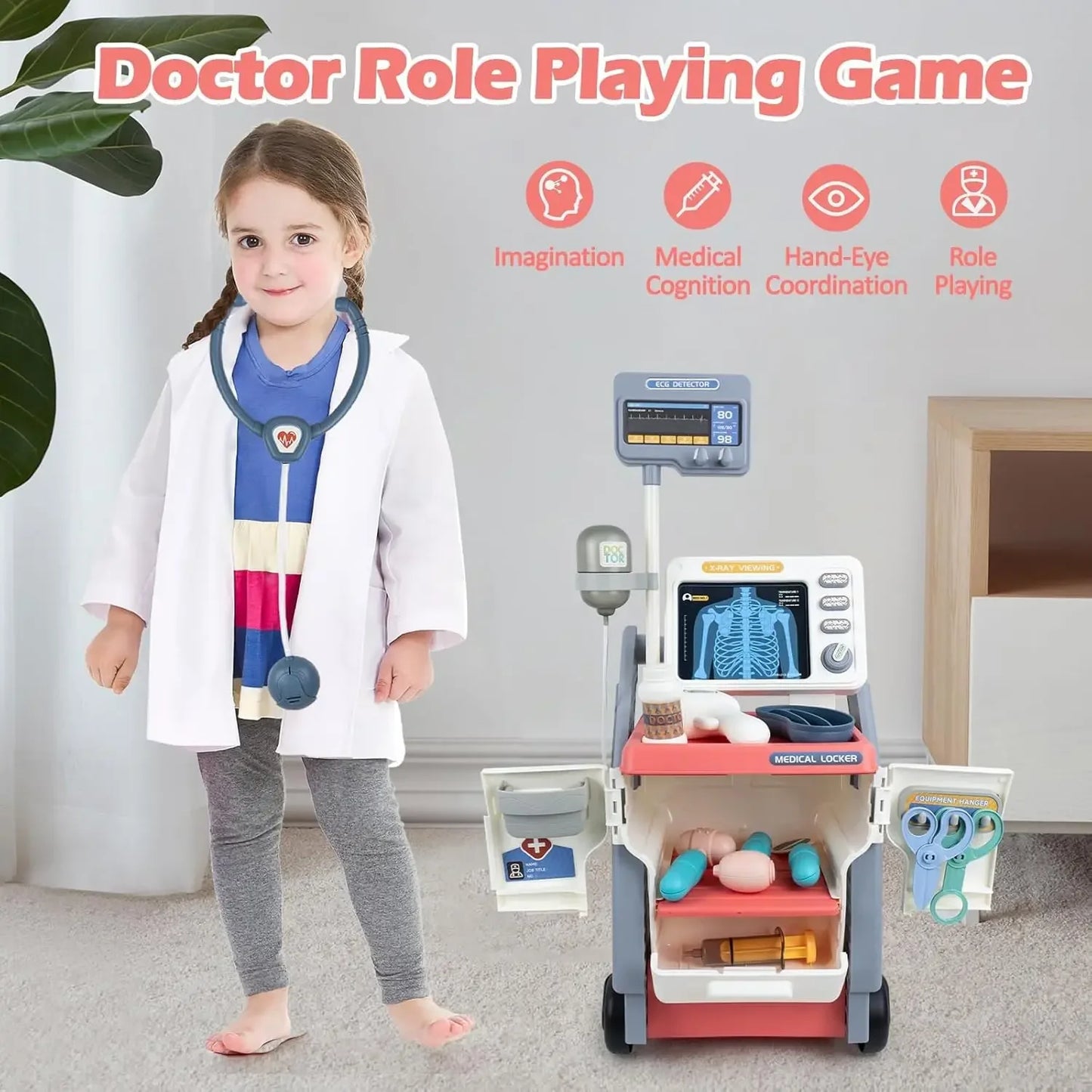 Doctor Toy Set for Kids Pretend Play Medical Trolley Kit with Stethoscope Simulated ECG Machine Doctor Role Play Tools Gift