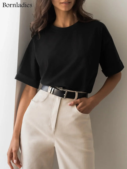 Bornladies 2025 Women's Summer 100% Cotton T-shirt Bottoming Basic Fashionable Solid Lady Short Sleeve Loose Tops Shirts