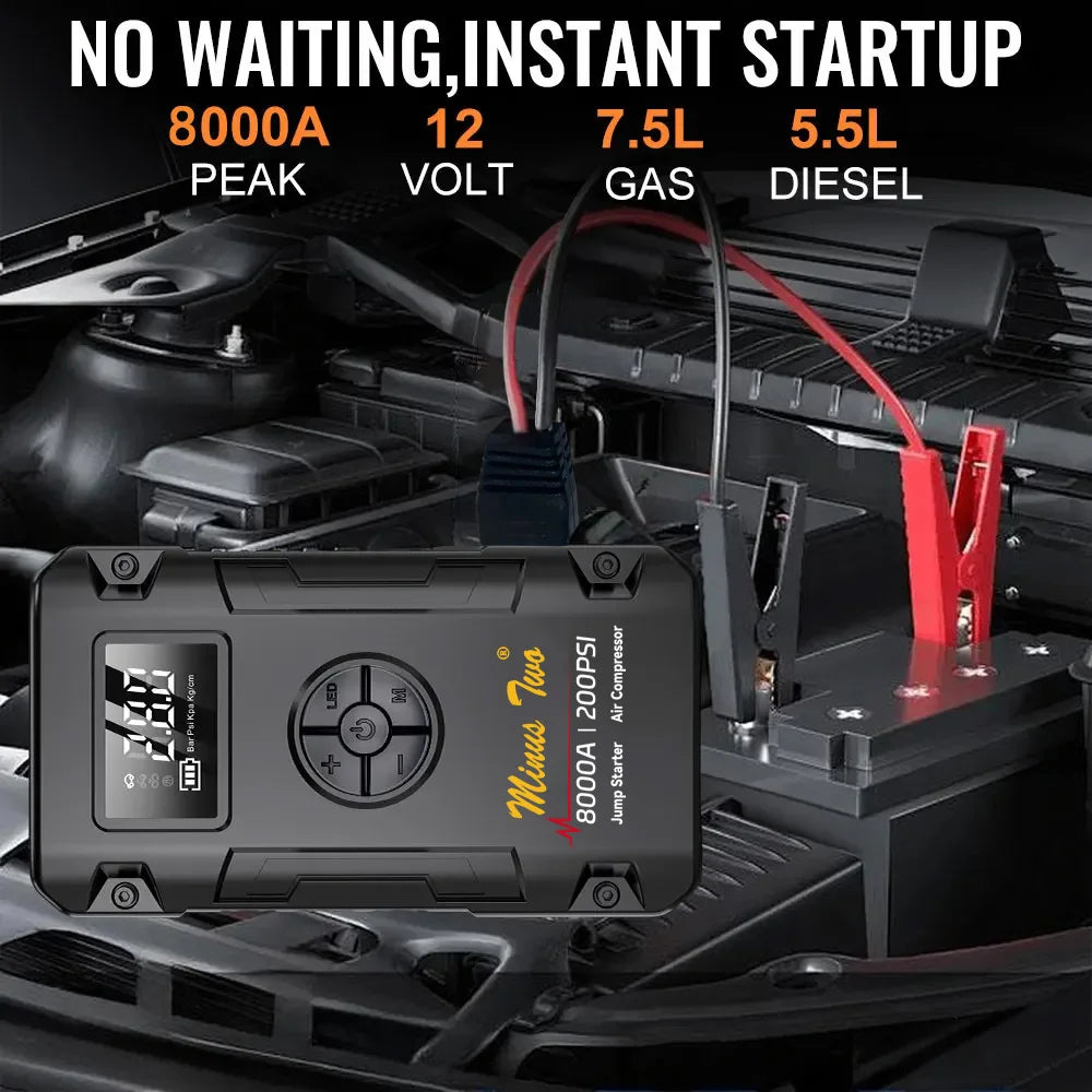 Portable 8000A Wireless Car Jump Starter Emergency Battery Booster with Smart Clamps 12V Power Bank for Dead Battery Truck.