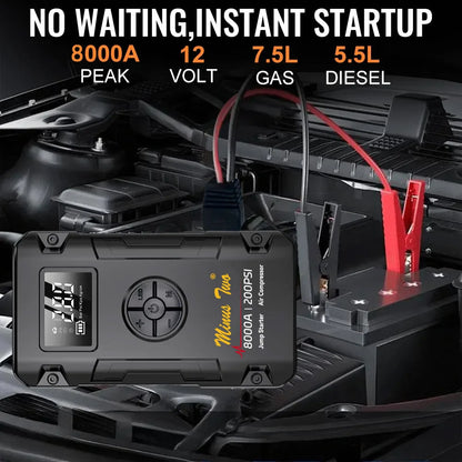 Portable 8000A Wireless Car Jump Starter Emergency Battery Booster with Smart Clamps 12V Power Bank for Dead Battery Truck.