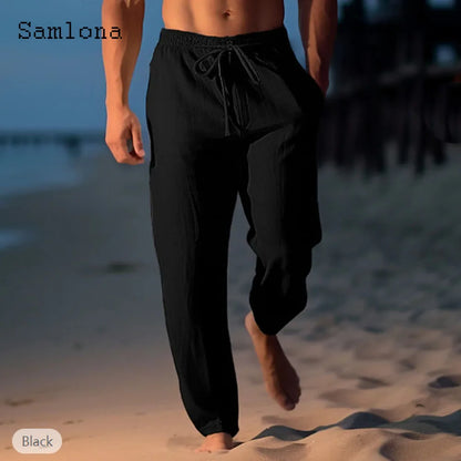 2026 new fashionable casual cotton and linen pants, solid color and ankle pants, plus size men's drawstring casual sports pants