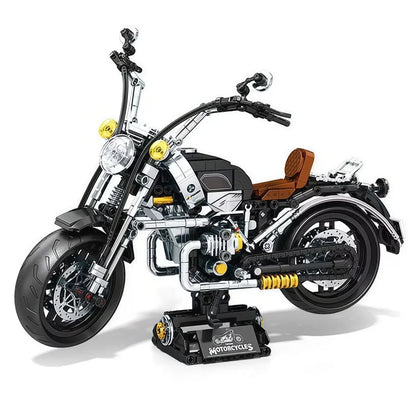 Retro sidecar motorcycle building block set, vintage three-wheeled motorcycle model with sidecar, MOC assembly building block to