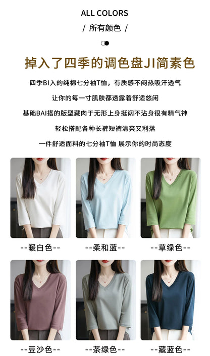 Spring And Summer New White Mercerized Cotton Cropped Sleeve T-shirt Feminine Joker 100% Cotton Bottoming Shirt Half Sleeve