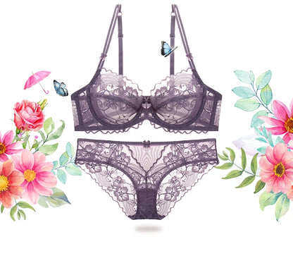 Delicate French Lace Bra Set, Sheer Minimiser Underwire for Lift, Elegant & Breathable Lingerie Large Bust MOYISU Sexy Panty Set