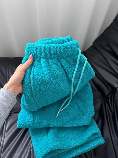 Lake Blue Lamb Fur Fleece Sweatpants Loose Wide Leg Casual Trousers Men's Hiphop Thick Warm Sports Pants High Waist Autumn Wi...