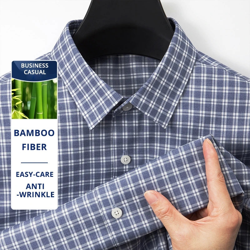 Premium Bamboo Fiber Anti-wrinkle Fashion Men Shirts Checkered Designer Long Sleeve Slim Fit Spring Autumn Business Casual Tops