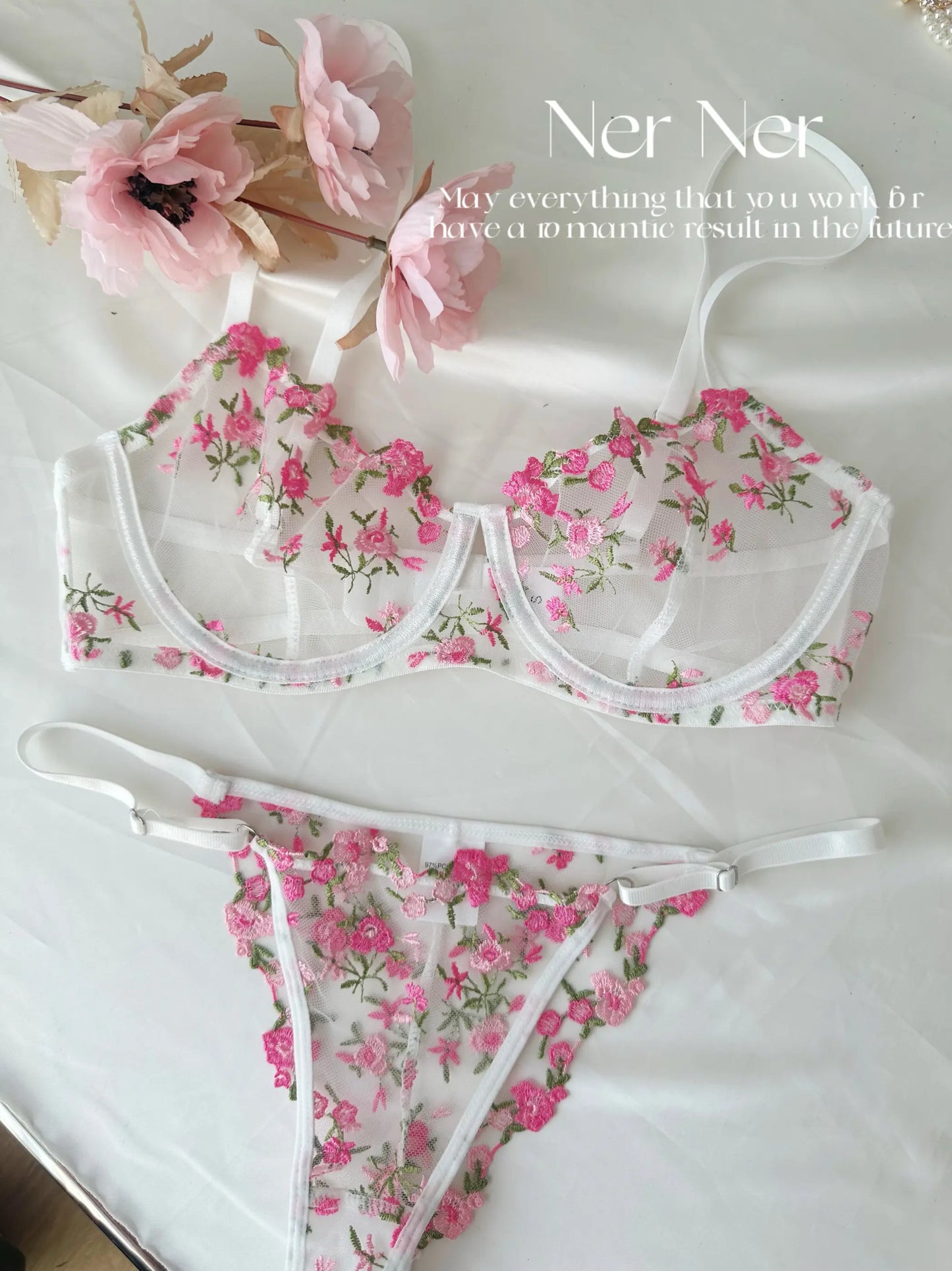 Sweet Sexy Lace Lingerie Set, Floral Embroidery Sheer Mesh, Thin Cooling, Big Bust Relief, Japanese Daily Women Underwear 32-38