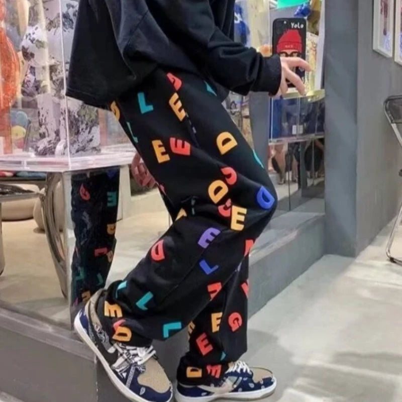 Men's Plus Size Printed Pants Loose Fit Korean Style Sports Joggers Autumn Casual Long Trousers Big Size Fashion for Daily Wear