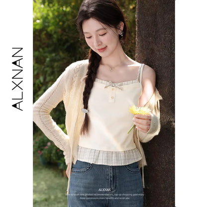 ALXNAN Cream Yellow Plaid Spliced Camisole Women 2026 Summer Elegant Sweet Beach Sleeveless Tops Casual Bow Design Camis L62323