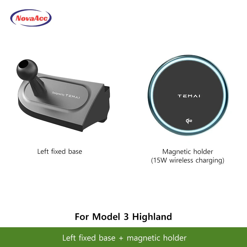 NovaAcc Magnetic Wireless Charging Mount For Tesla Model Y Juniper Model 3 Highland 2024-2026 Left Right Rudder Car Phone Holder
