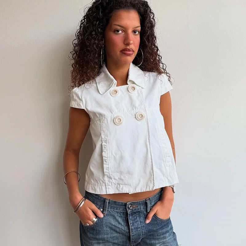 Solid color button short sleeved polo neck T-shirt with waist cinching and wide hem, American casual women's shirt