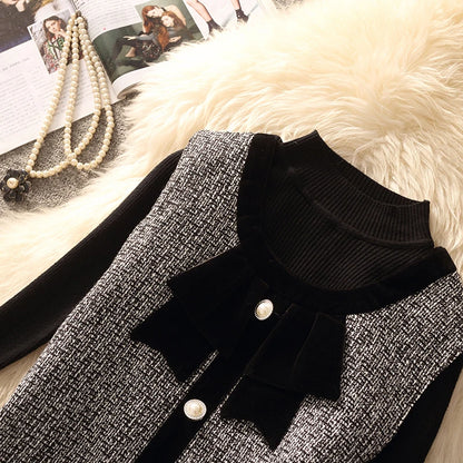 Spring Autumn Winter Tweed Color Block Vest Skirt Set  Knot Elegant Fashionable Two Piece Set Women's Luxury Style