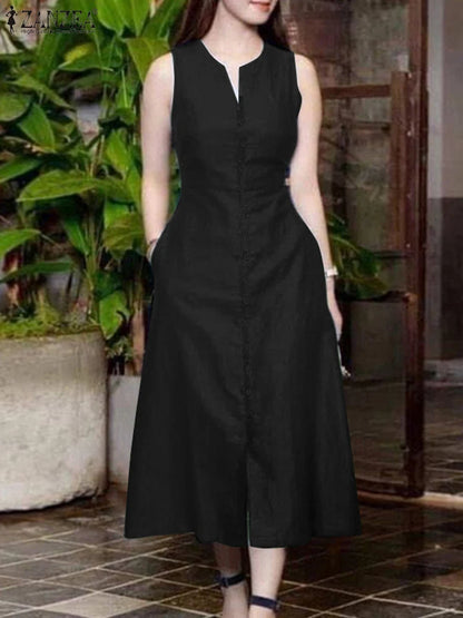 ZANZEA 2025 Summer Sundress Women Stylish Solid Party Holiday Vestidos Elegant V Neck Sleeveless Midi Dress Robe Femme Kaftan
