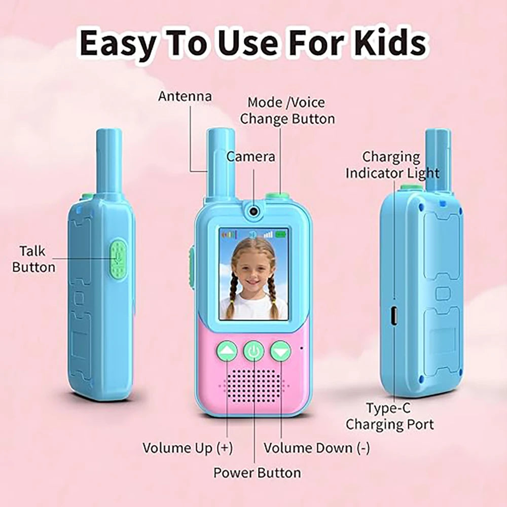 2 Pack Video Walkie Talkies for Kids Ages 3-12, 4 Voice Effects & Screen, Rechargeable, Perfect Holiday Gift for Boys Girls