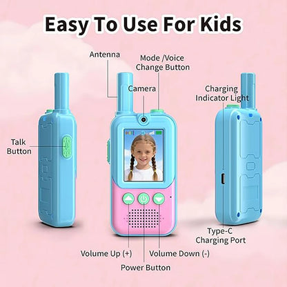 2 Pack Video Walkie Talkies for Kids Ages 3-12, 4 Voice Effects & Screen, Rechargeable, Perfect Holiday Gift for Boys Girls