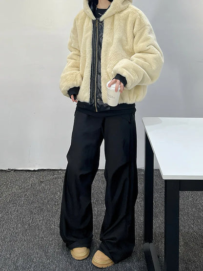 Men's Luxry Faux Fur Jacket Winter Thick Warm Hooded Leather Parkas Thermal Revisable Overcoat Fashion Loose Fit Outerwear