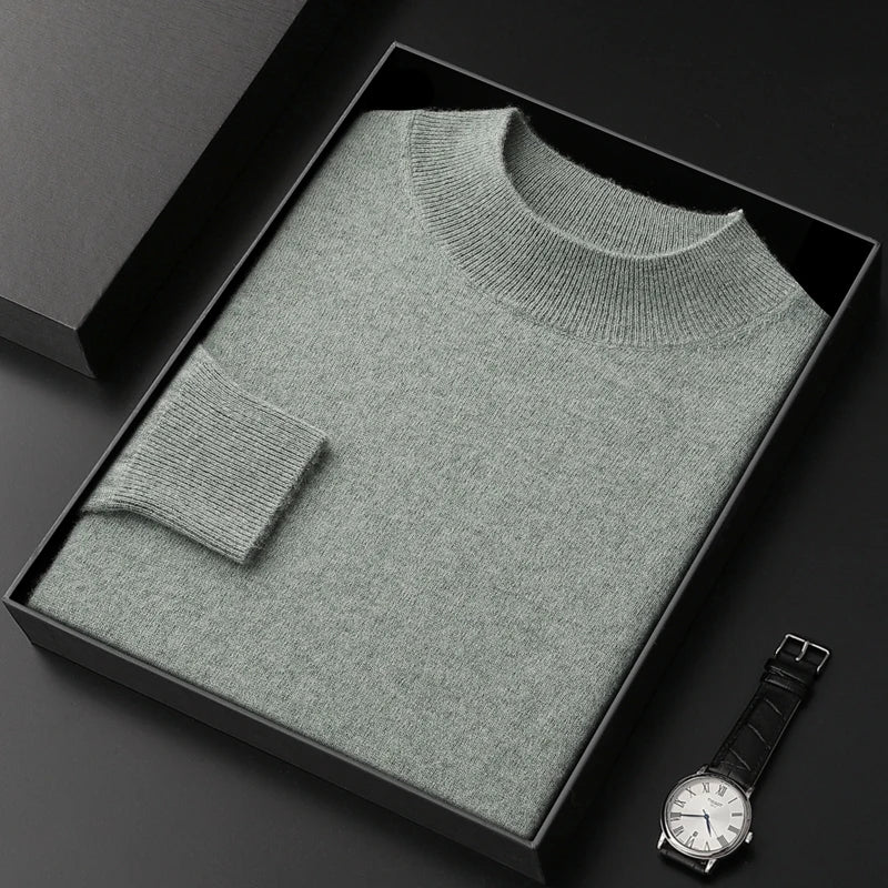 100% Pure Cashmere Sweater Men's Half High Collar Solid Color Pullover Fashion New Knit Undercoat  Autumn and Winter Long Sleeve