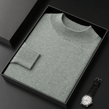 100% Pure Cashmere Sweater Men's Half High Collar Solid Color Pullover Fashion New Knit Undercoat  Autumn and Winter Long Sleeve