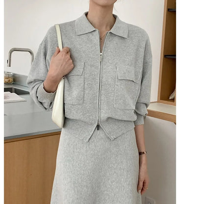 Korean Style Women's Fashion Short Knitted Top High Waist Skirt Sweater Two-Piece Set Chic Autumn Wear for Adults