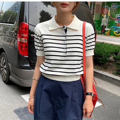 Women's POLO T-shirt Summer New Wool Knitted Short Sleeve Casual Striped Blouse Ladies' Clothes Lapel Pullover Tees Loose Tops